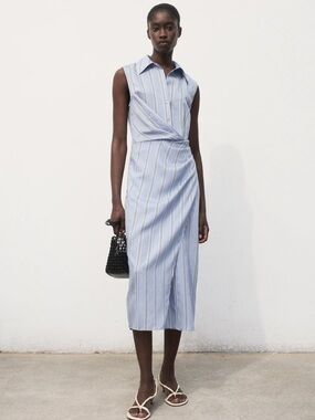 Mango Blue and White Striped Sleeveless Wrap-Detail Shirt Dress